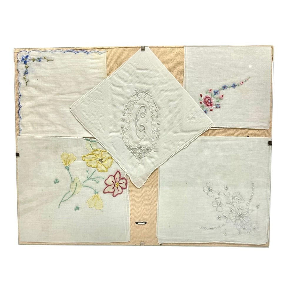 Framed Vintage Handkerchief with Crocheted Butterfly Design, 11x14